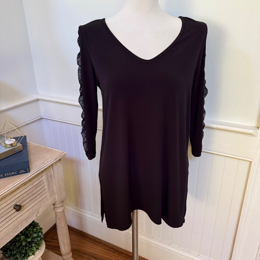 Clara Sunwoo Black V-Neck Tunic Top Mesh Ruffle‎ 3/4 Sleeve Side Slits Small USA